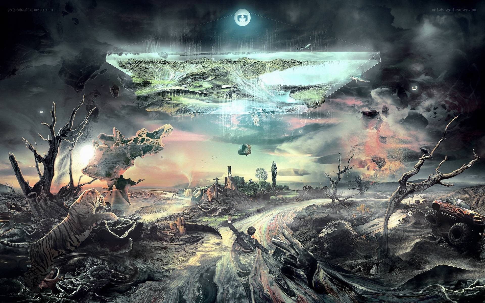 Surreal landscape with floating island