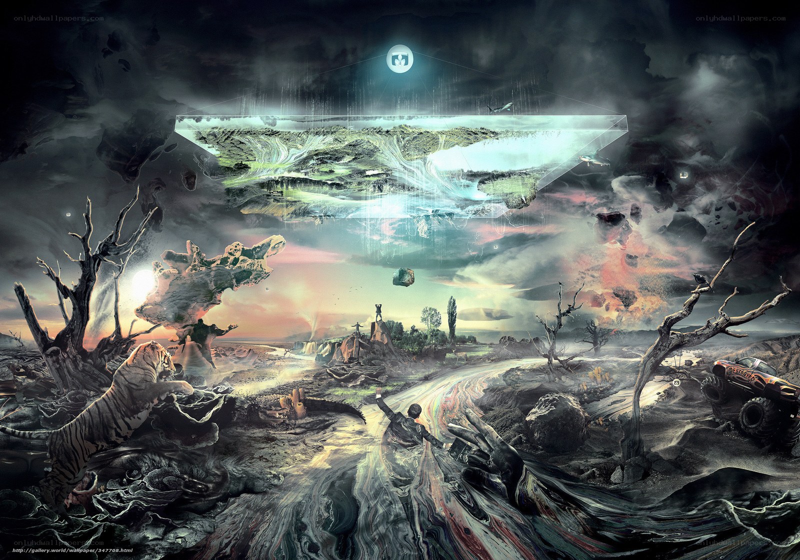 Surreal landscape with floating island