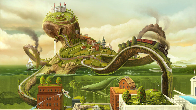 Surreal landscape with floating islands