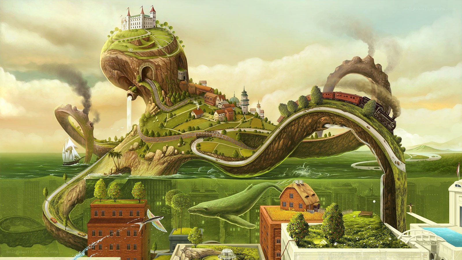 Surreal landscape with floating islands