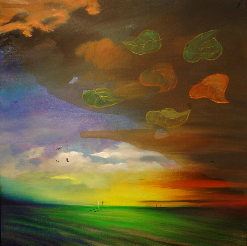 Surreal landscape with floating leaves