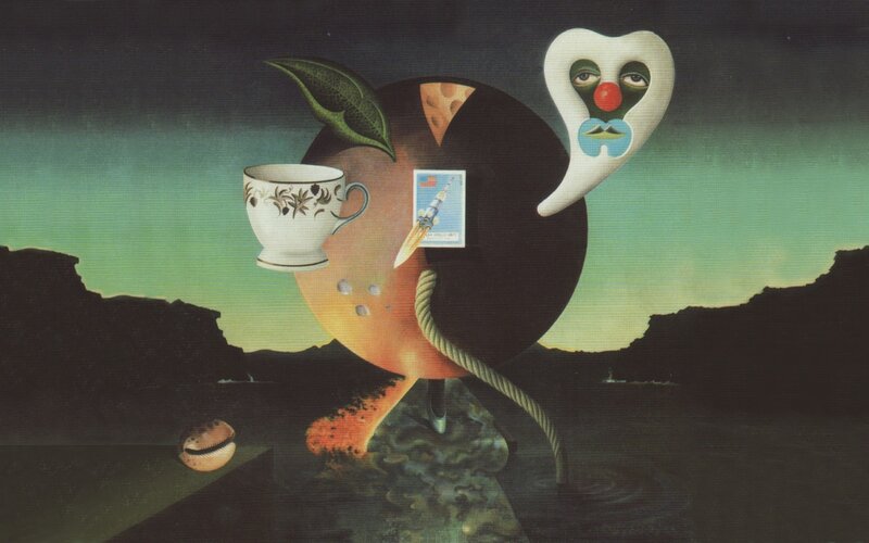 Surreal landscape with floating objects