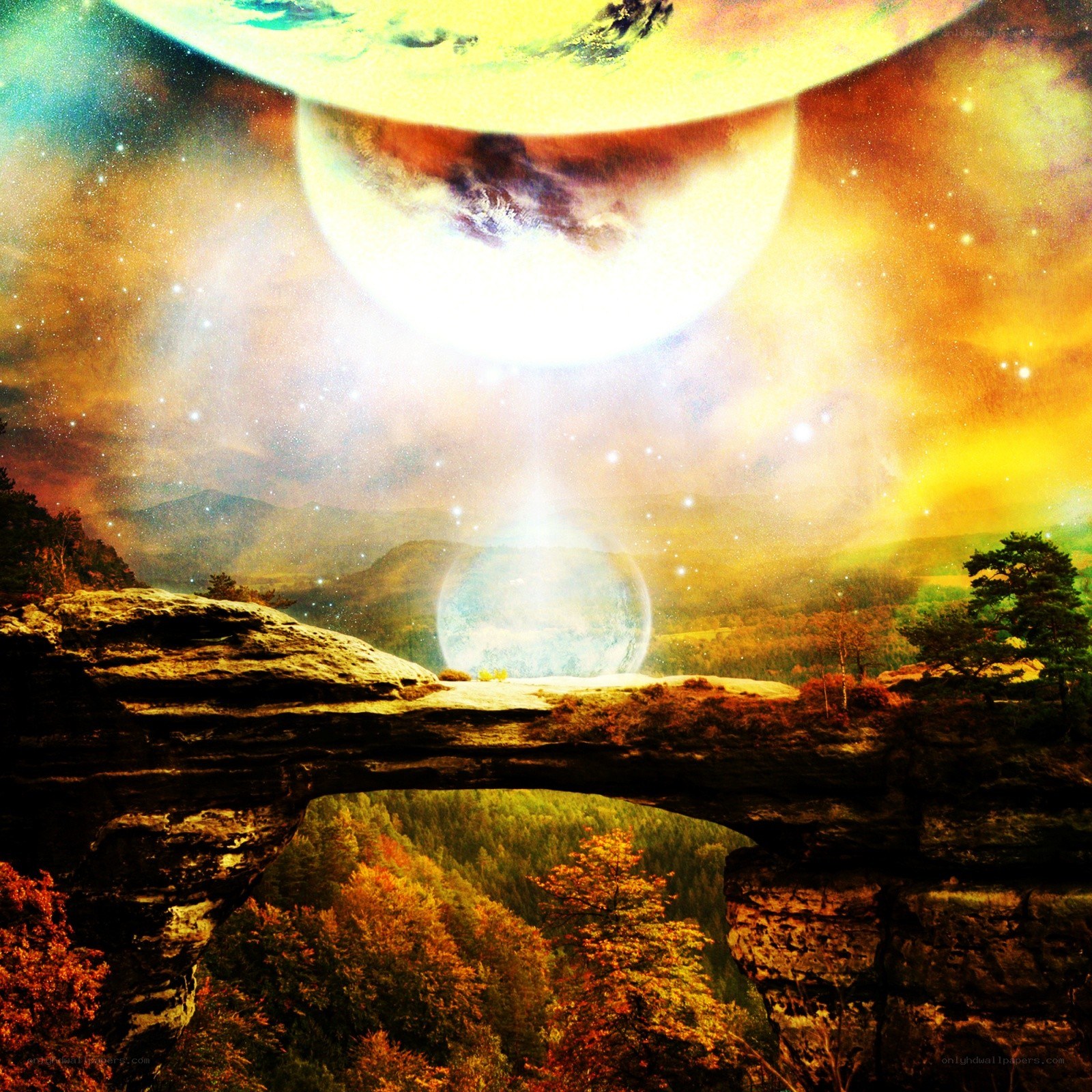 Surreal landscape with floating planets