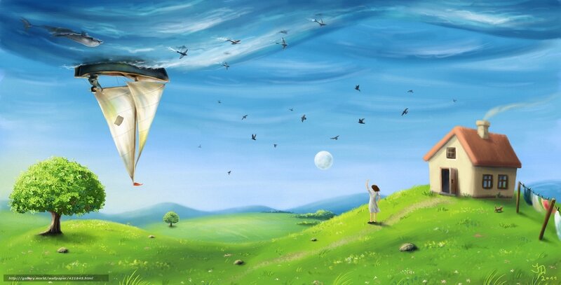 Surreal landscape with floating sailboat
