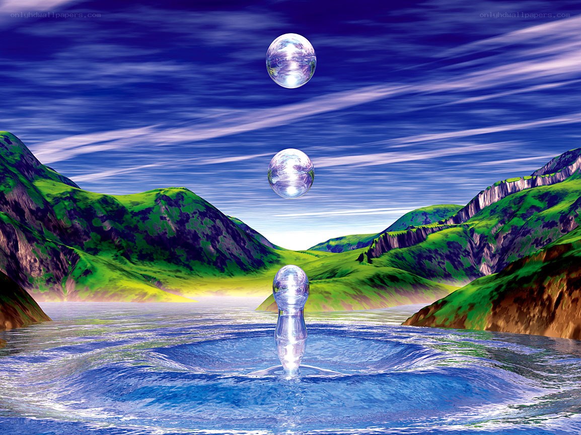 Surreal landscape with floating spheres