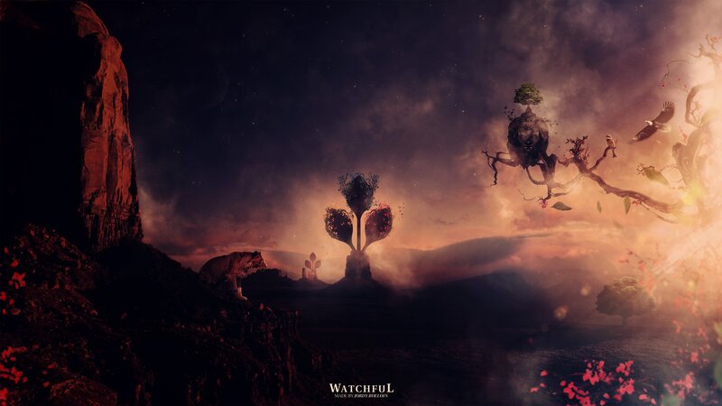 Surreal landscape with floating trees