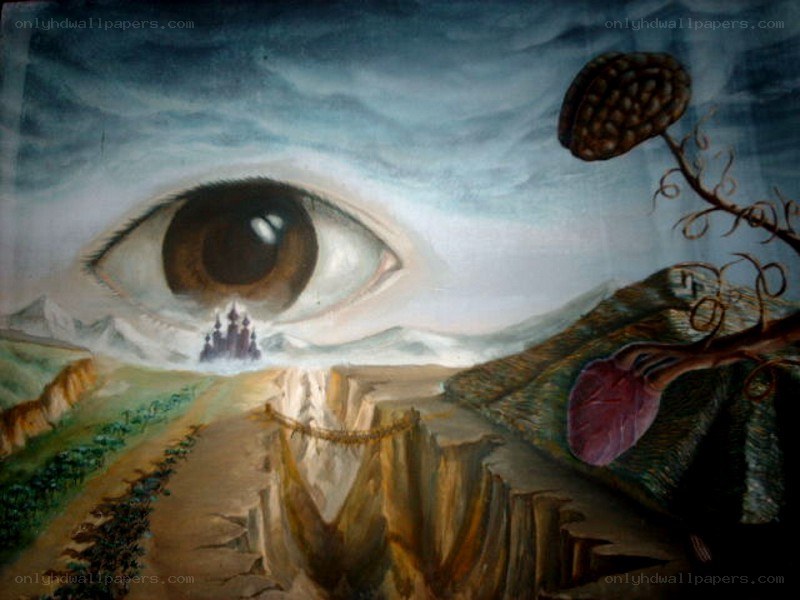 Surreal landscape with giant eye