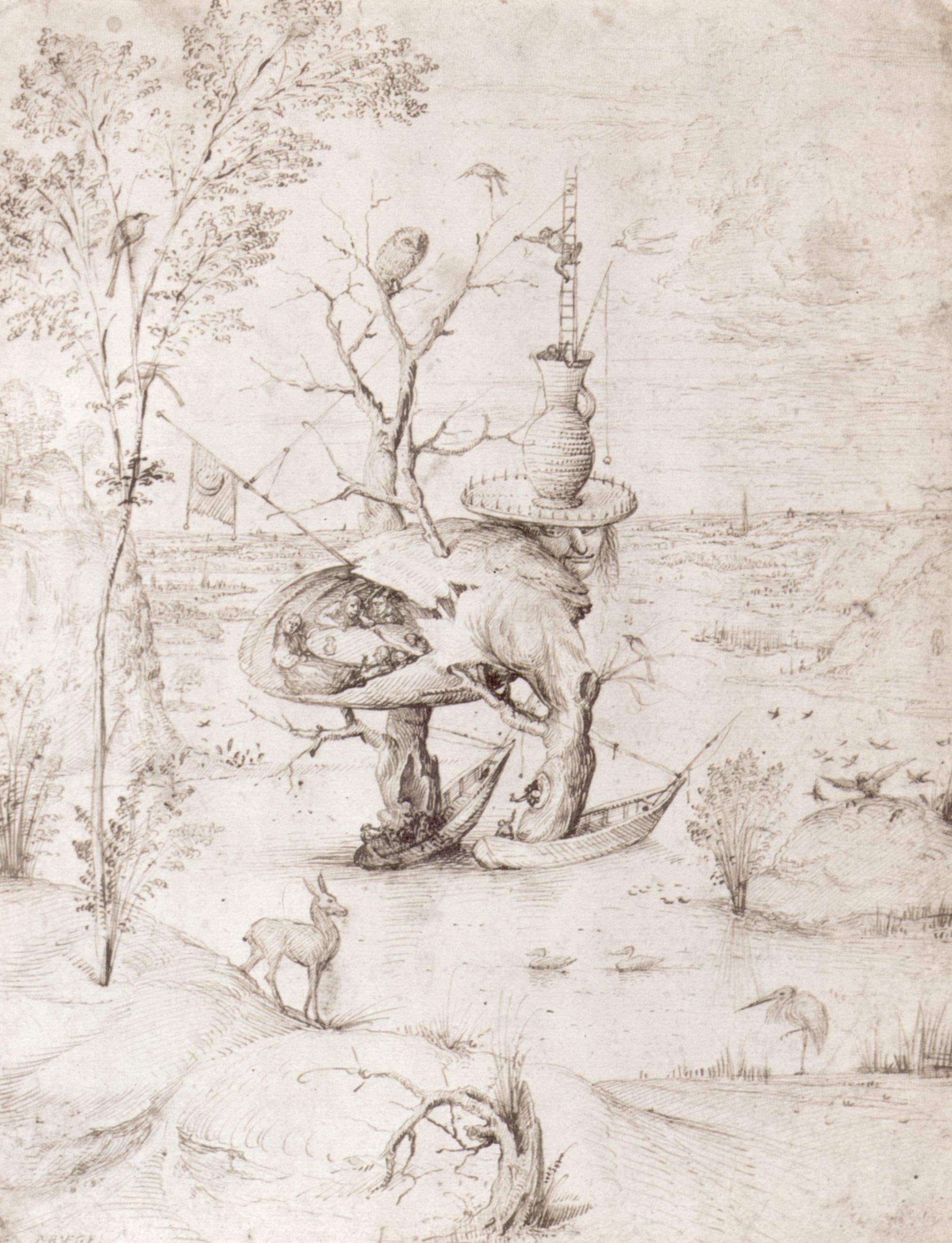 Surreal landscape with giant figure