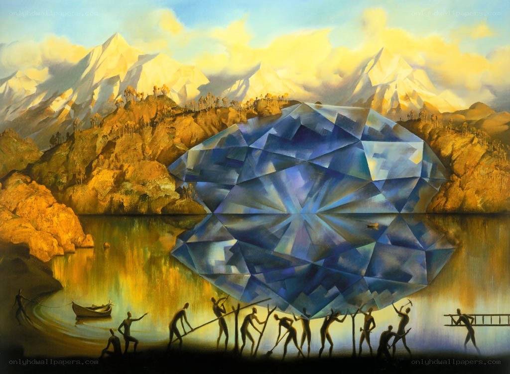 Surreal landscape with giant gem