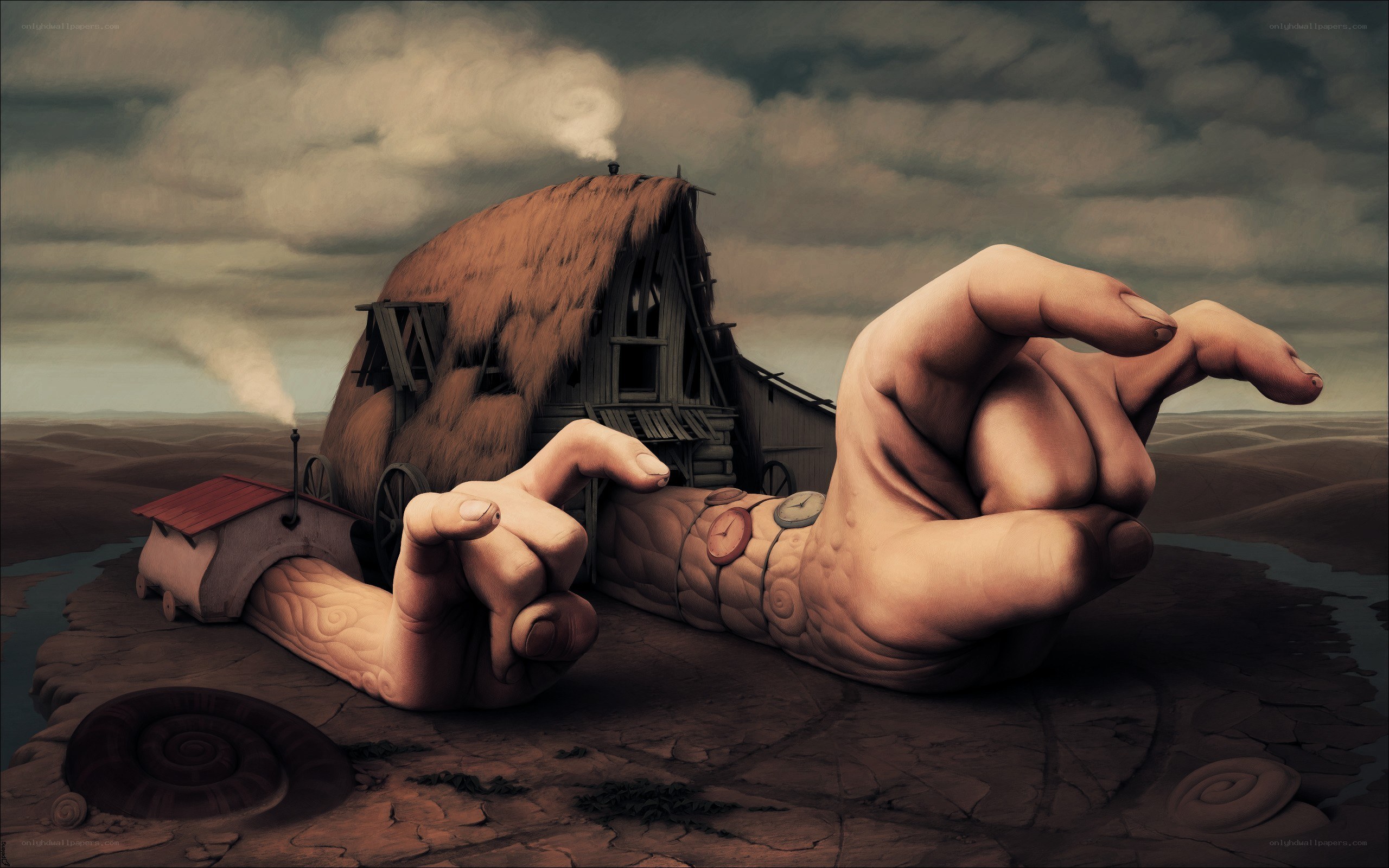 Surreal landscape with giant hands