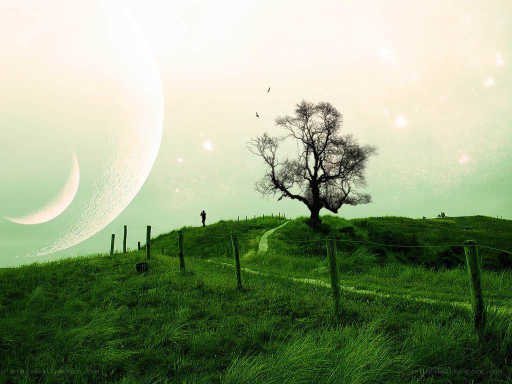 Surreal landscape with giant moon