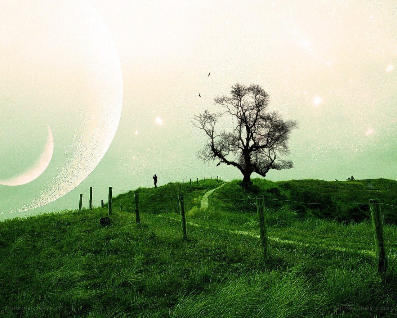 Surreal landscape with giant moon