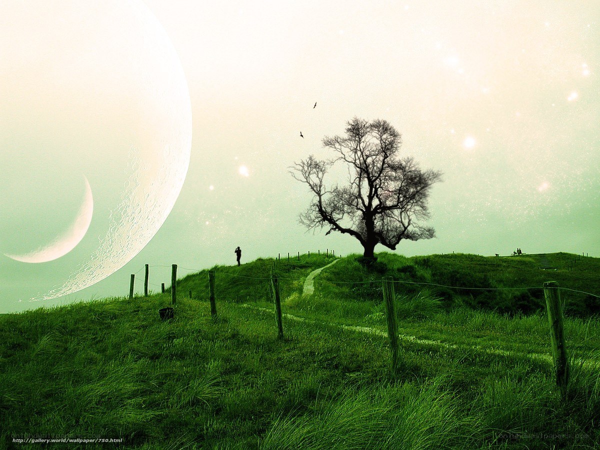 Surreal landscape with giant moon