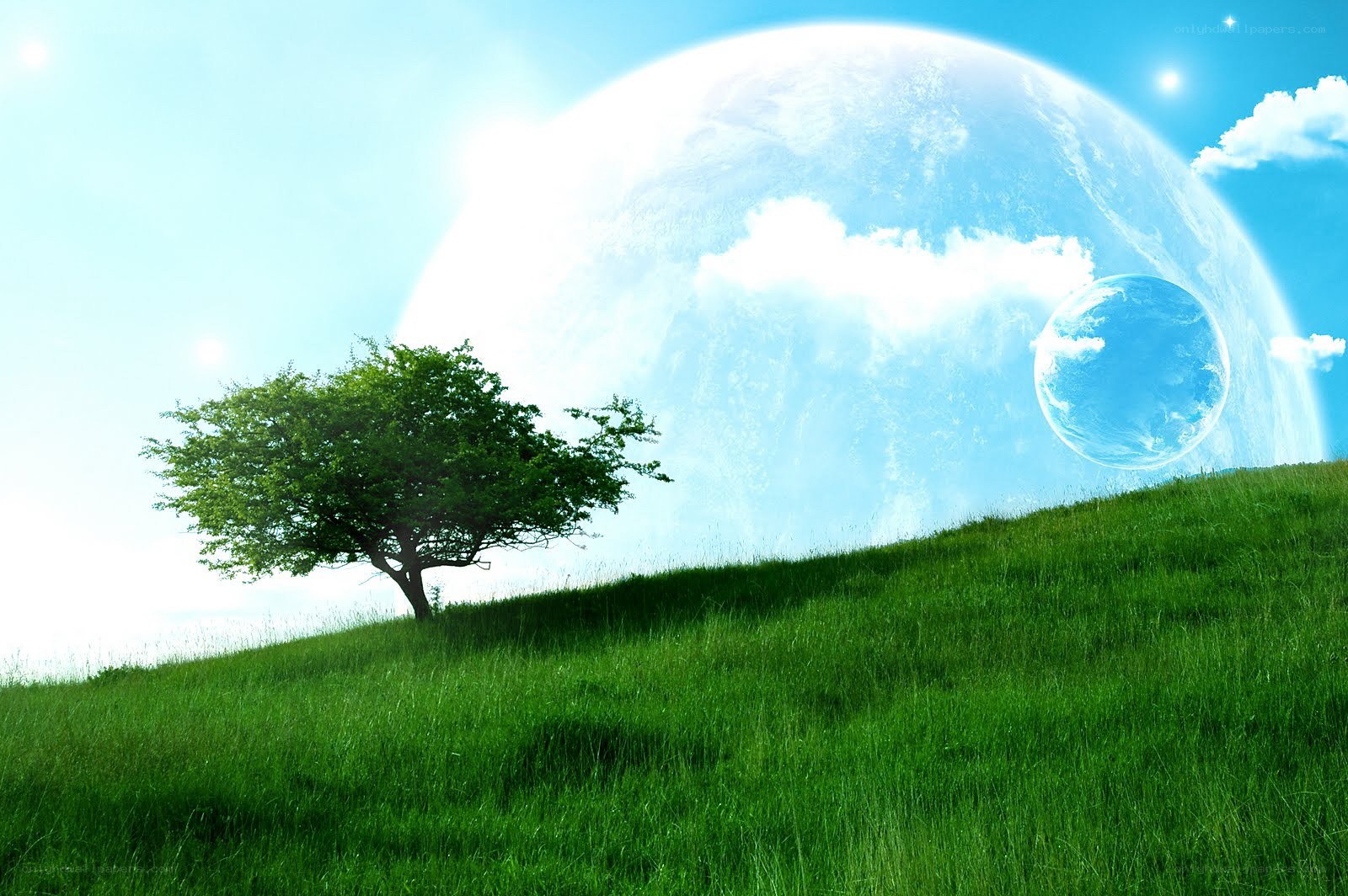 Surreal landscape with giant planet