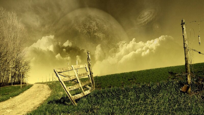 Surreal landscape with giant planet