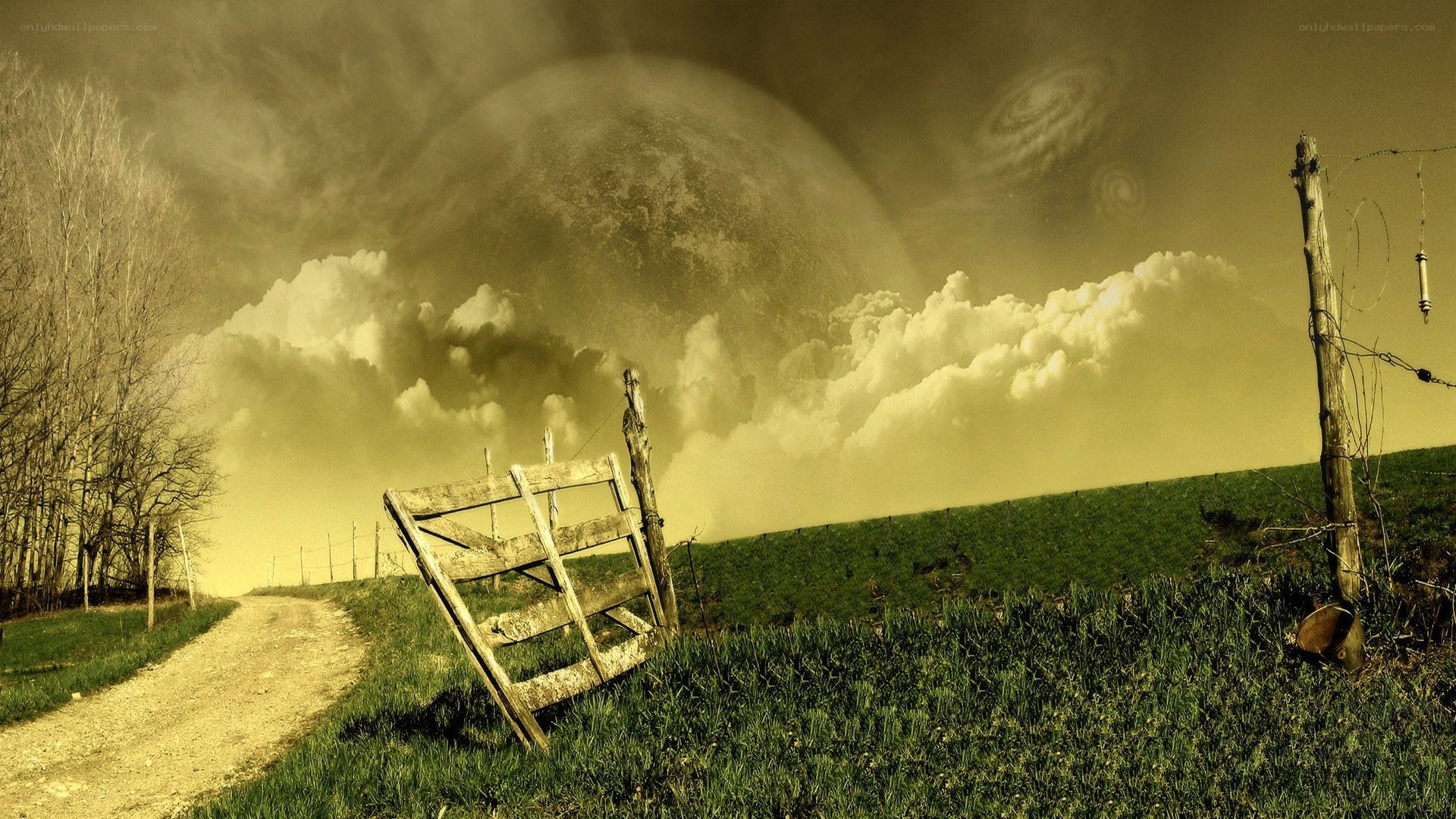 Surreal landscape with giant planet