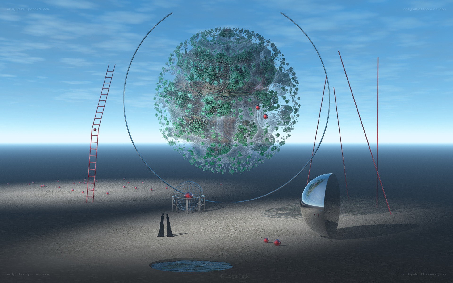 Surreal landscape with giant sphere