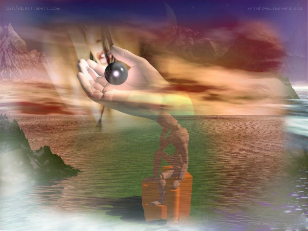 Surreal landscape with hand and thinker