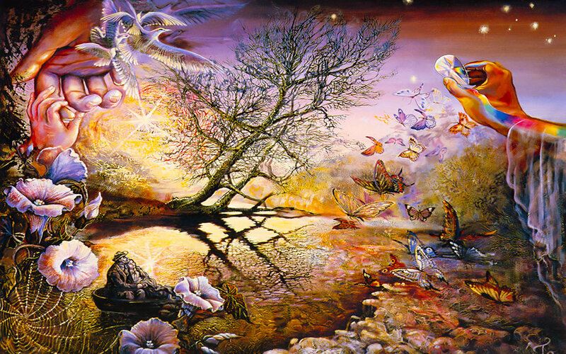 Surreal landscape with hands and nature