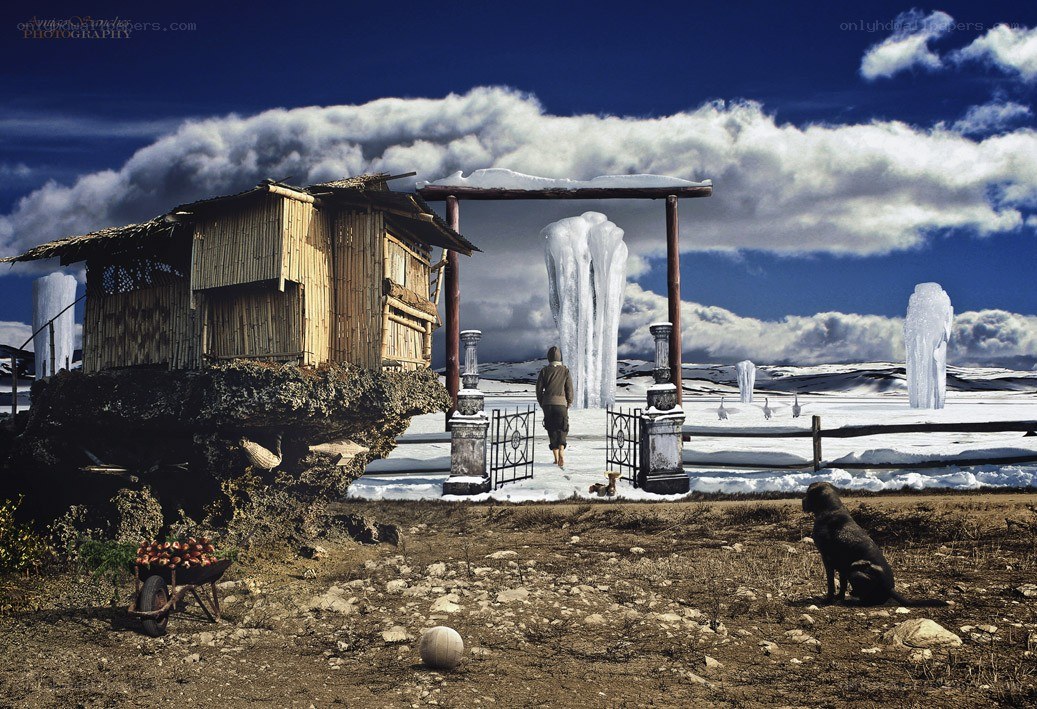 Surreal landscape with hut and ice