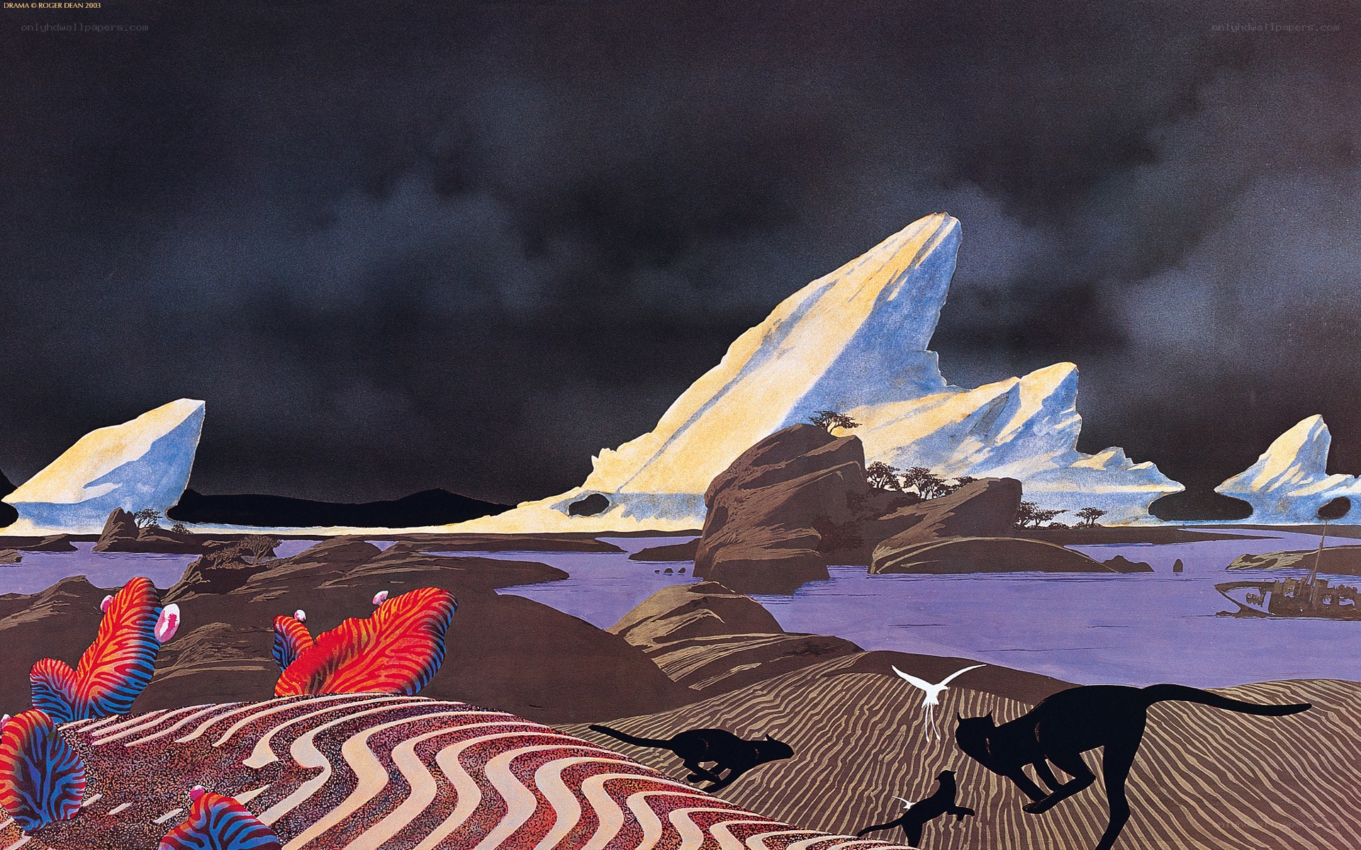 Surreal landscape with icebergs