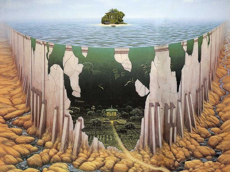 Surreal landscape with island and cave