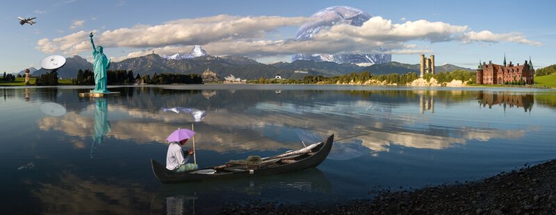 Surreal landscape with landmarks