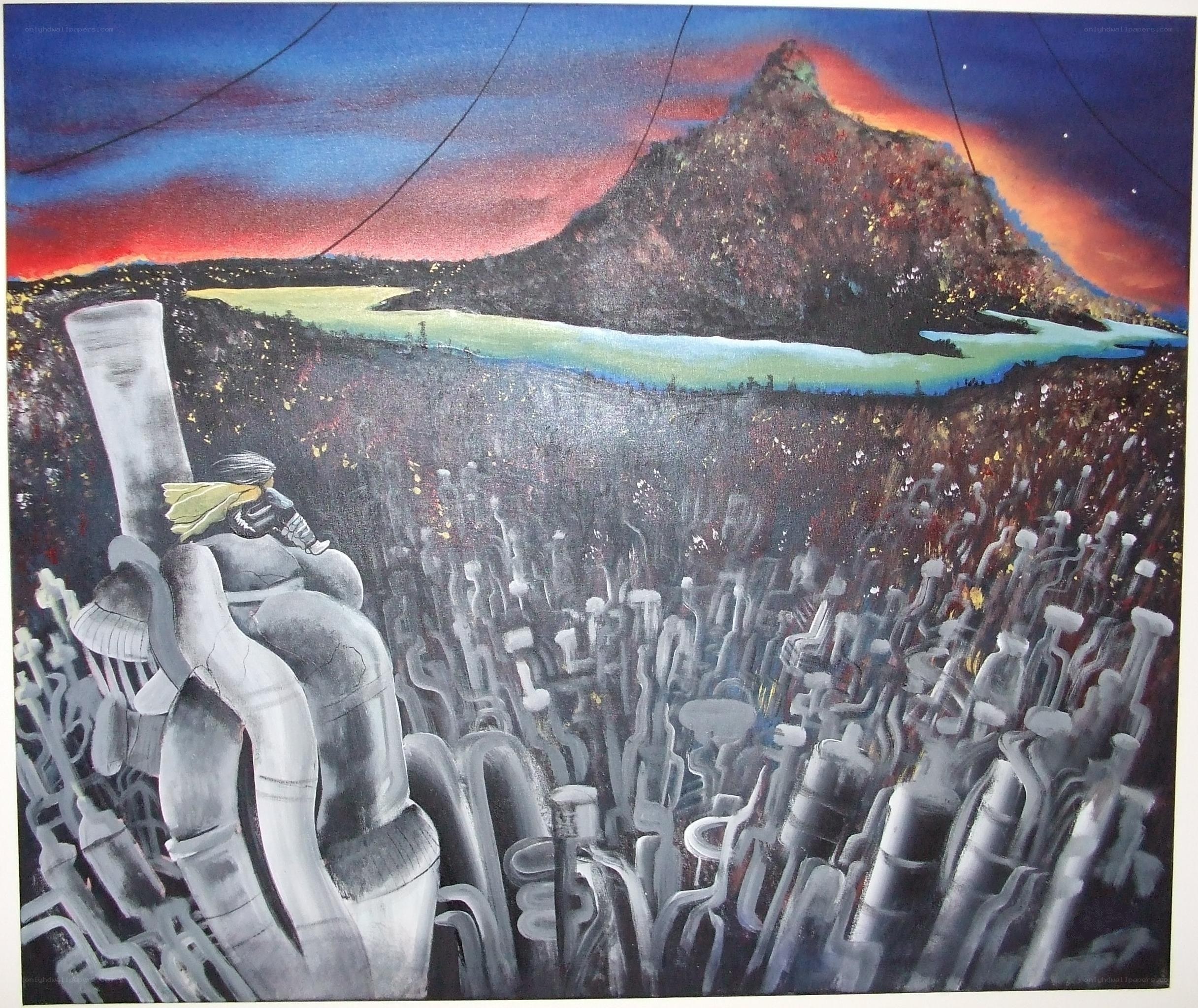 Surreal landscape with mechanical figures