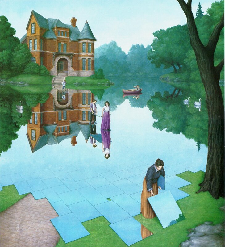 Surreal landscape with mirrored reflection