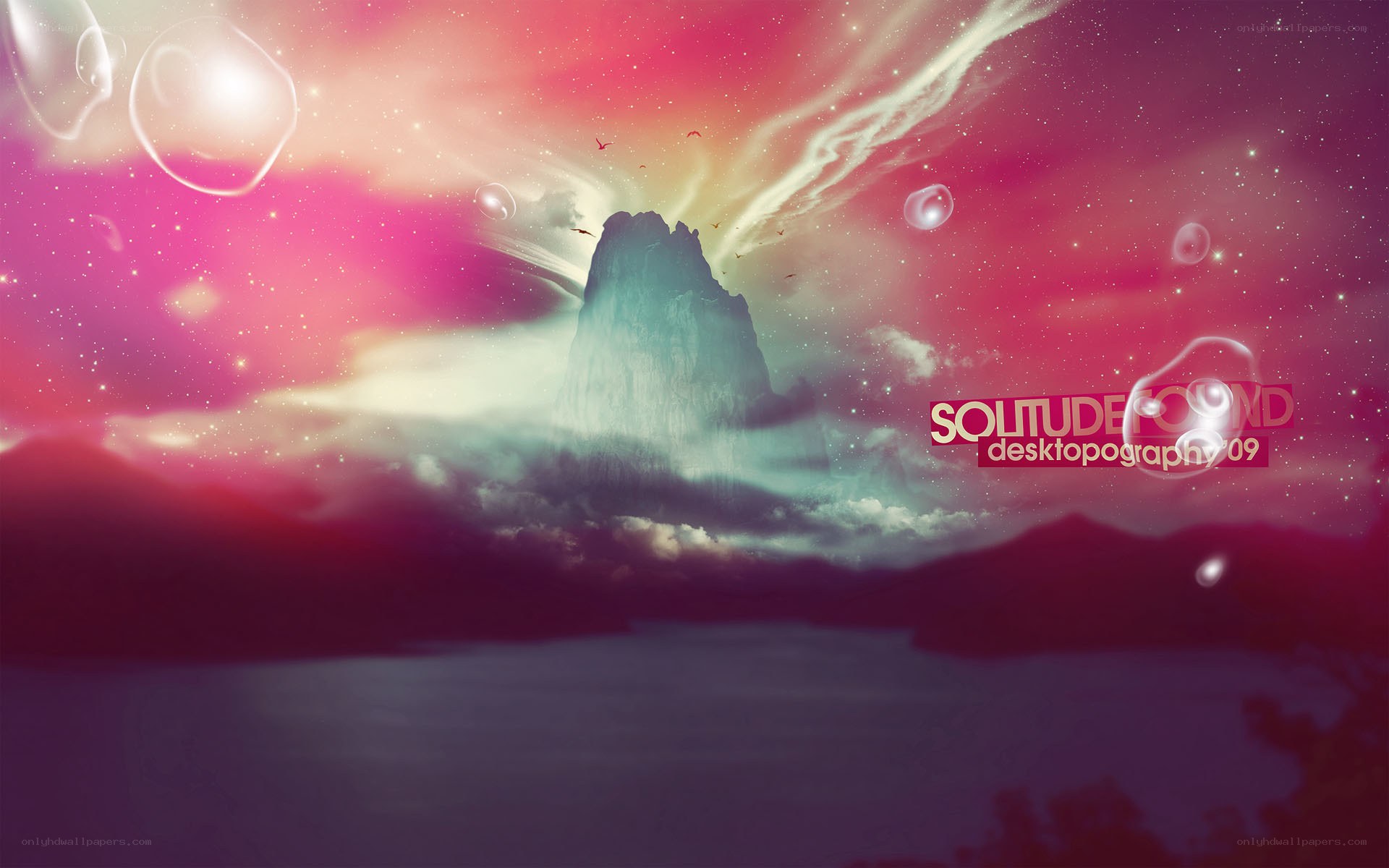 surreal landscape with mountain and bubbles