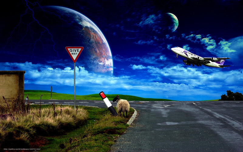 Surreal landscape with planet and plane