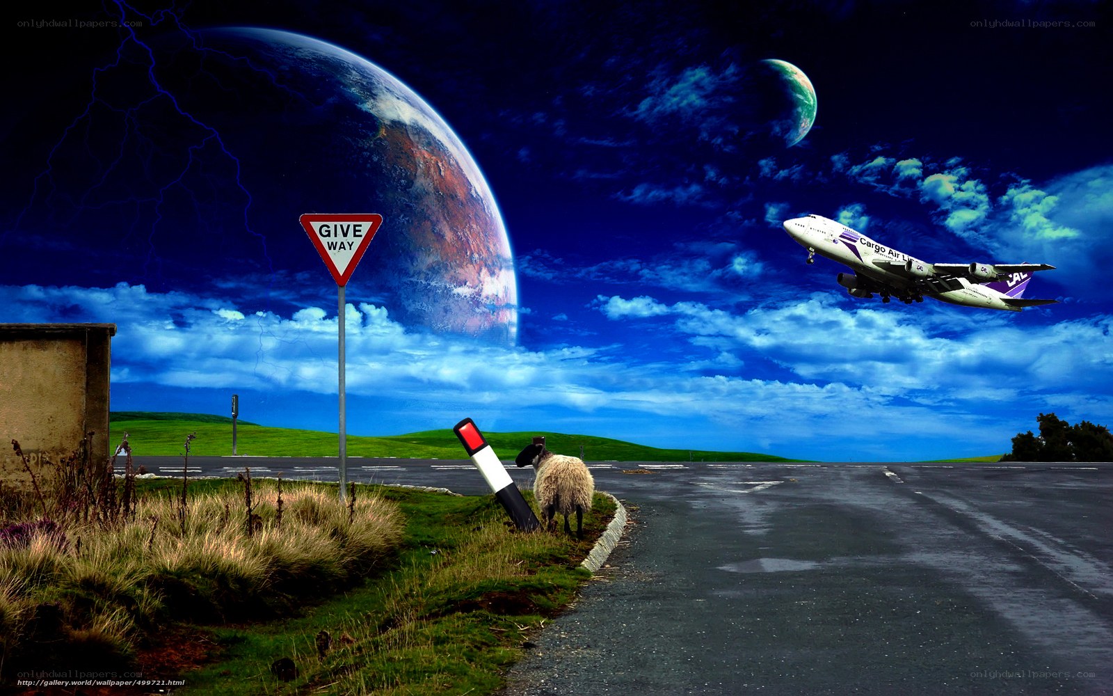 Surreal landscape with planet and plane