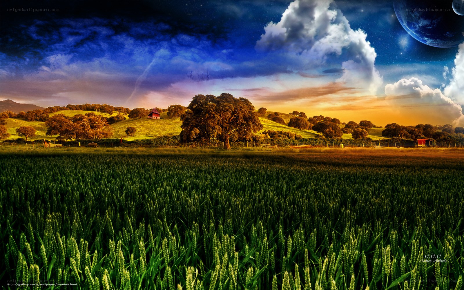 Surreal landscape with planet