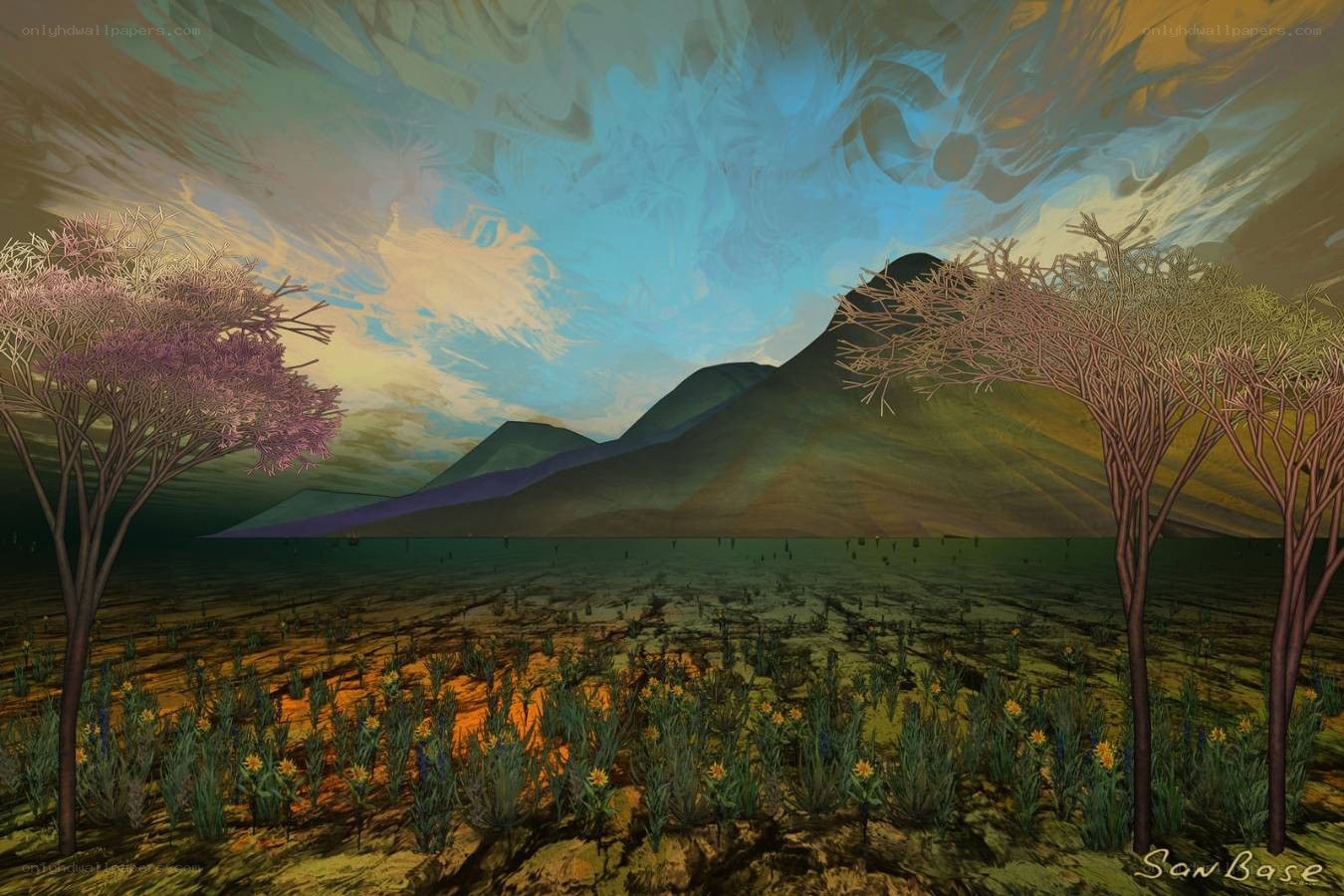 Surreal landscape with purple trees