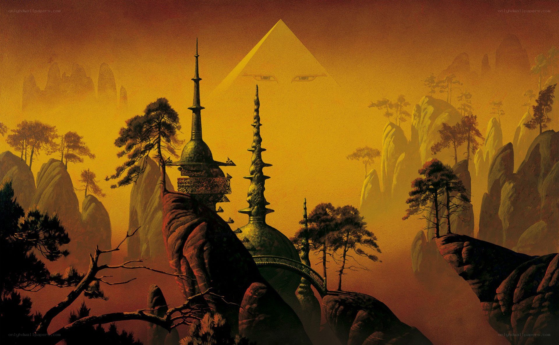 Surreal landscape with pyramid