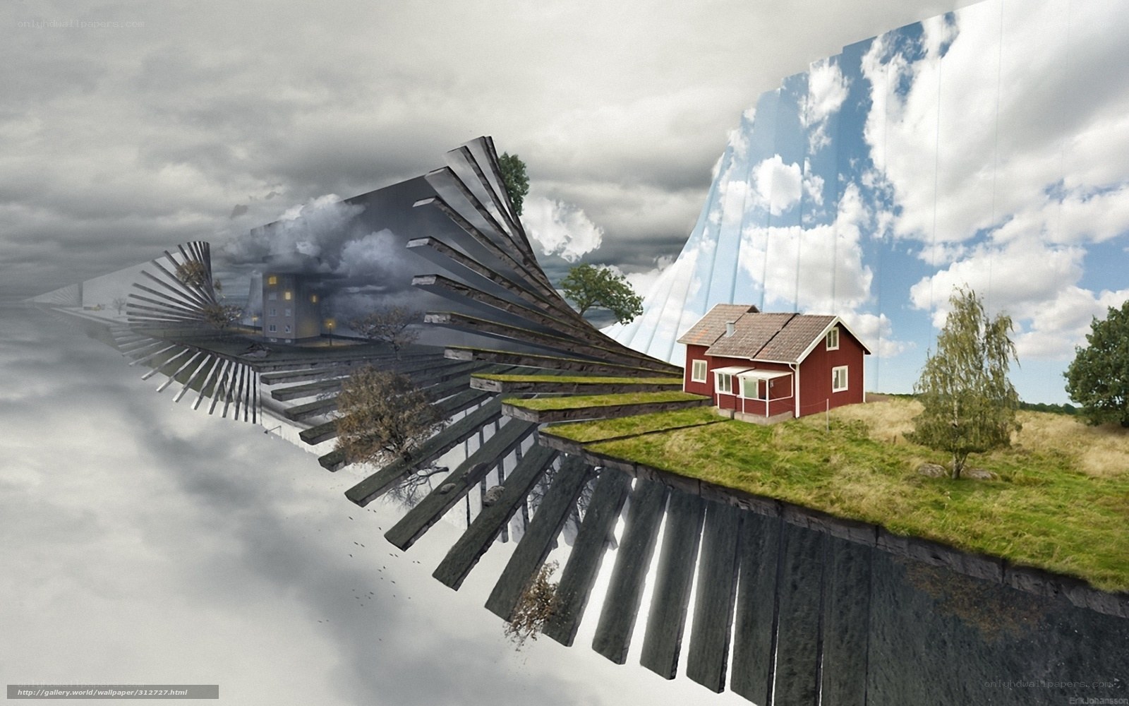 Surreal landscape with red house