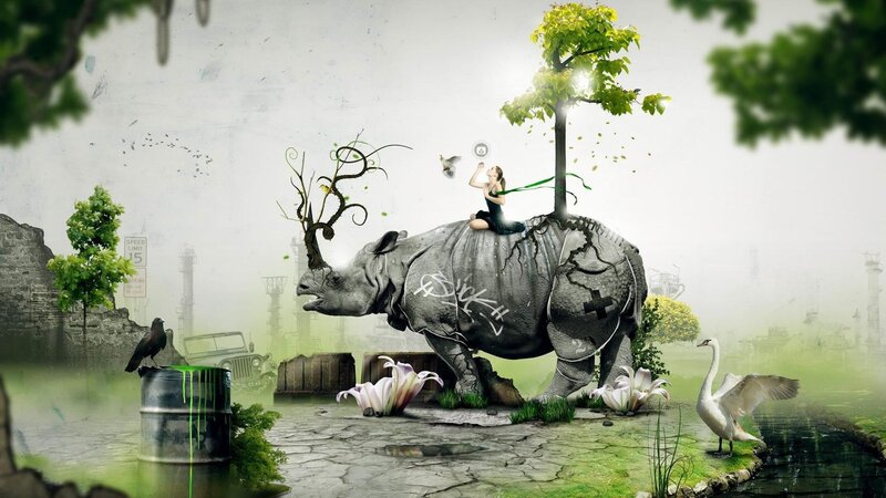 Surreal landscape with rhino