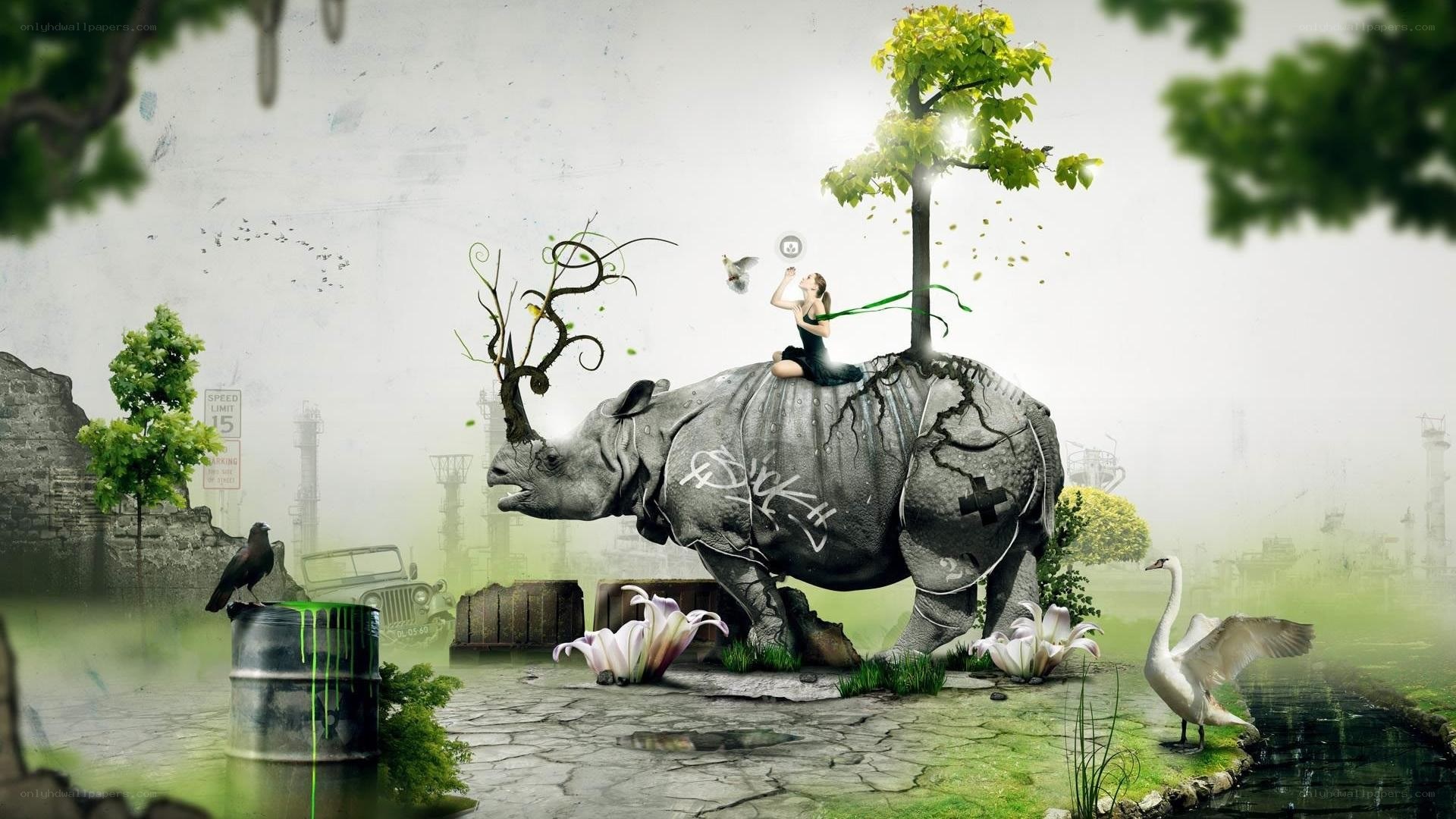 Surreal landscape with rhino