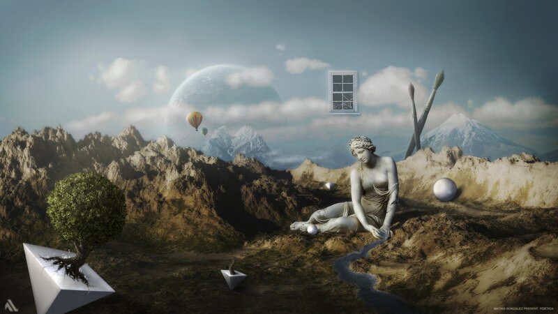 surreal landscape with statue
