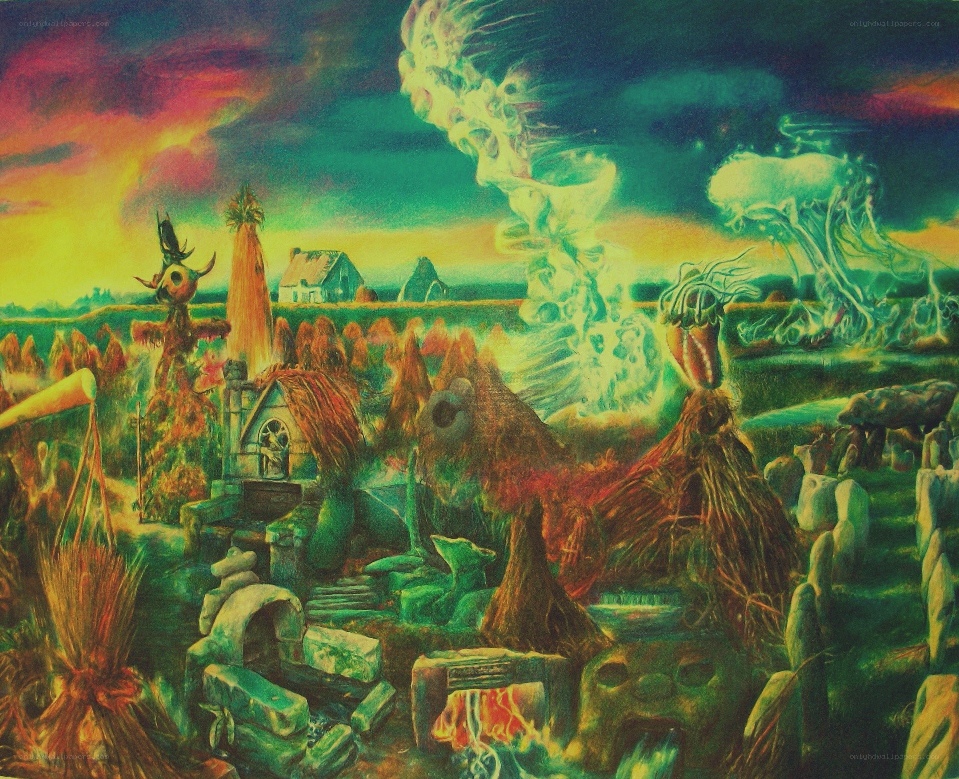 Surreal landscape with strange figures
