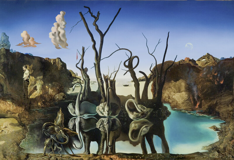 Surreal landscape with swans and elephants