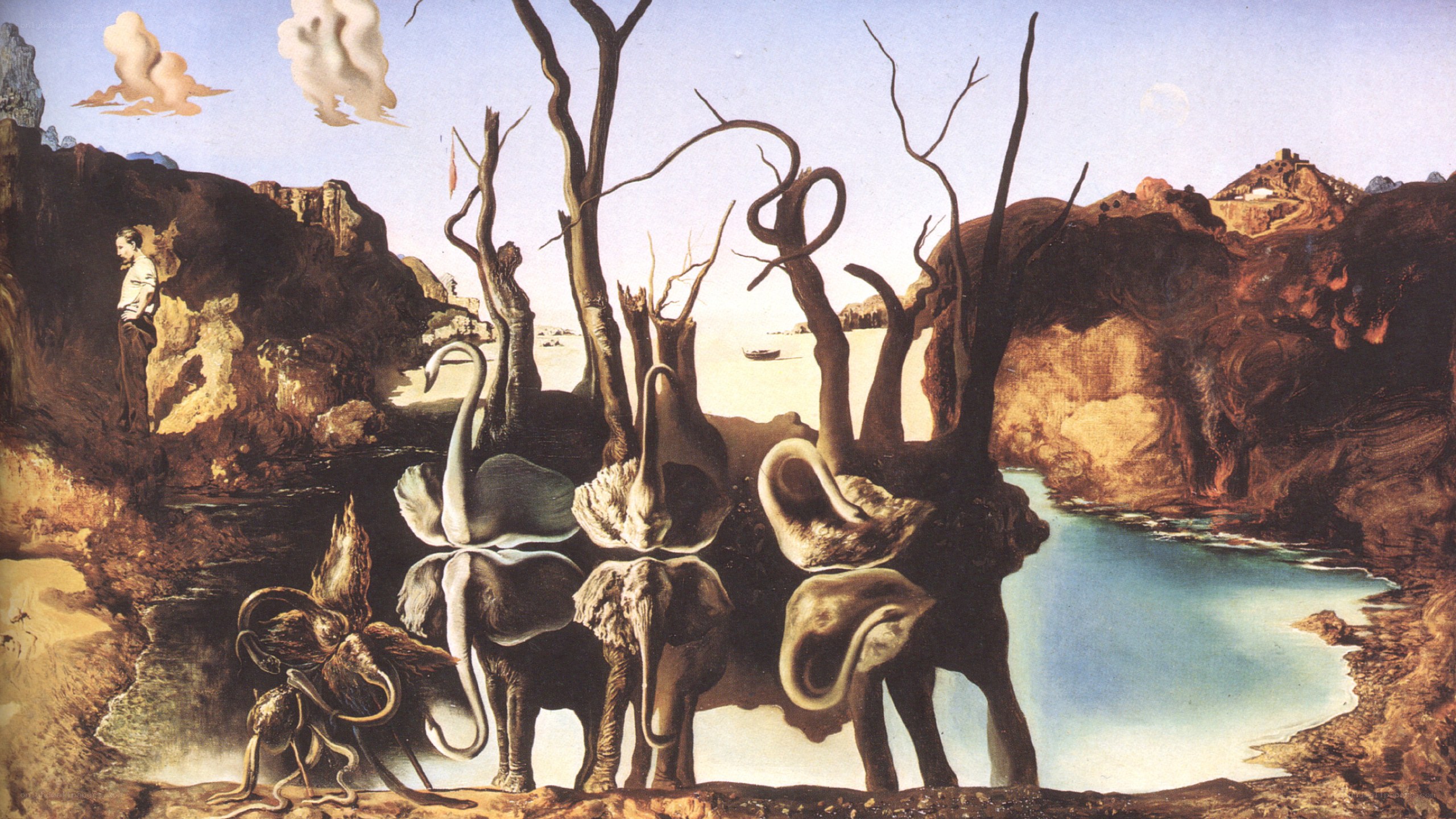 Surreal landscape with swans and elephants