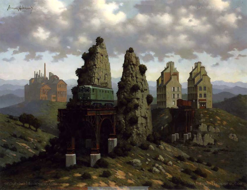 Surreal landscape with train and buildings