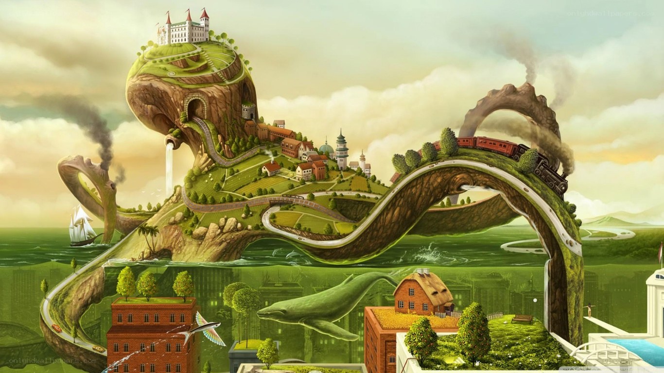 Surreal landscape with train and whale