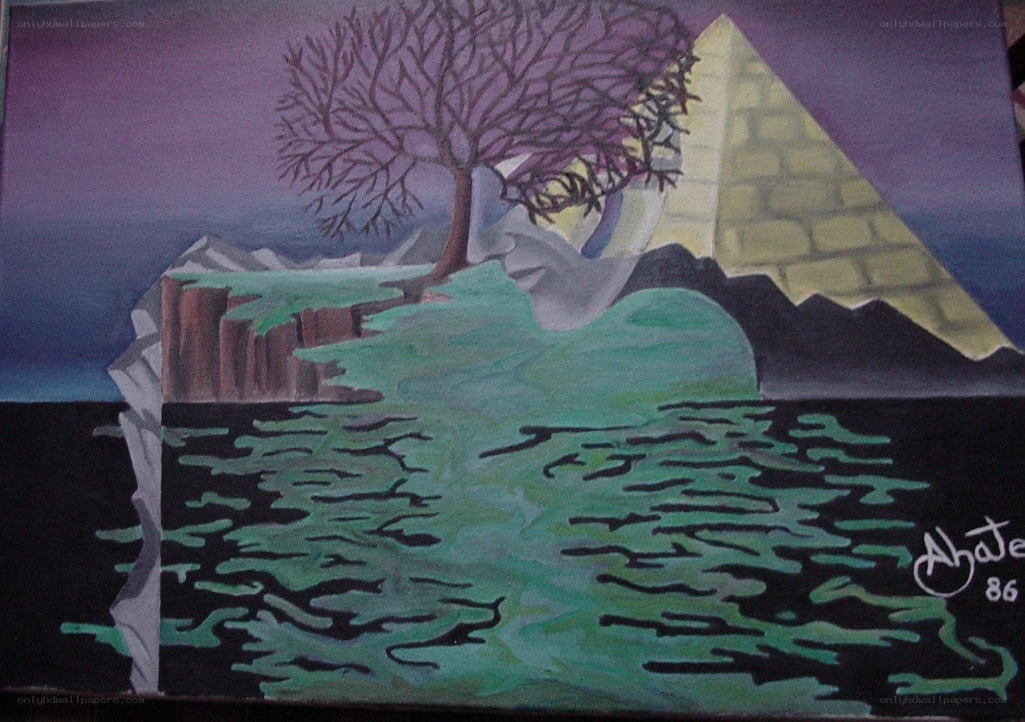 Surreal landscape with tree and pyramid