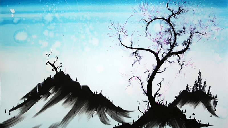 Surreal landscape with twisted trees
