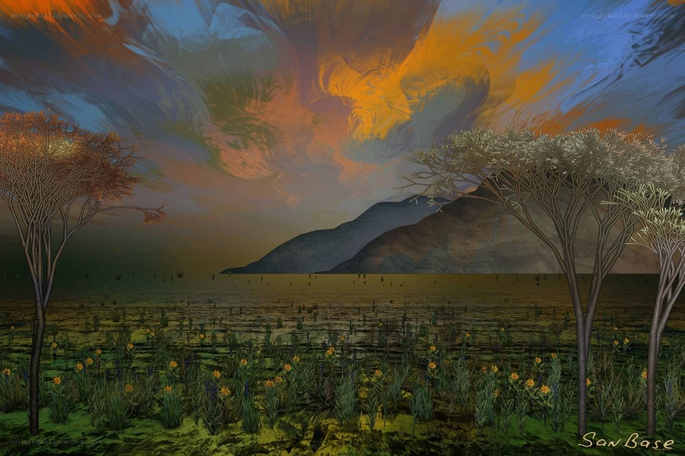 Surreal landscape with vibrant sky