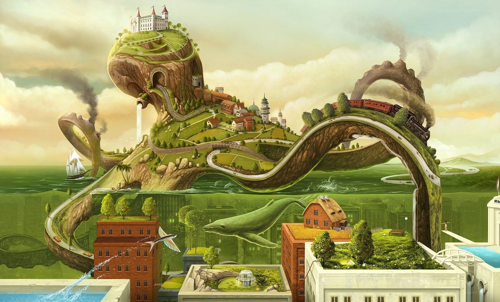 surreal landscape with whale and train
