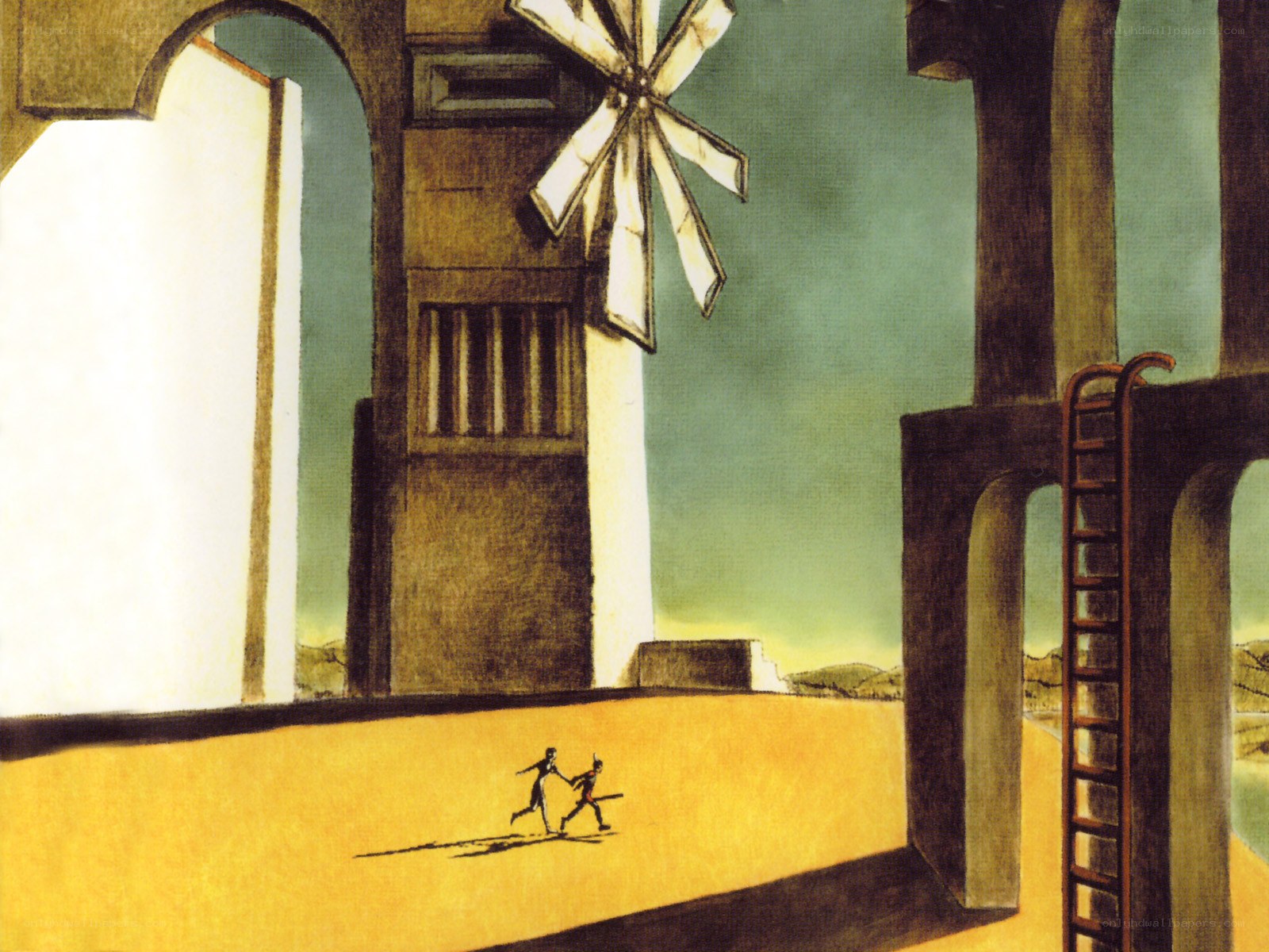 Surreal landscape with windmill