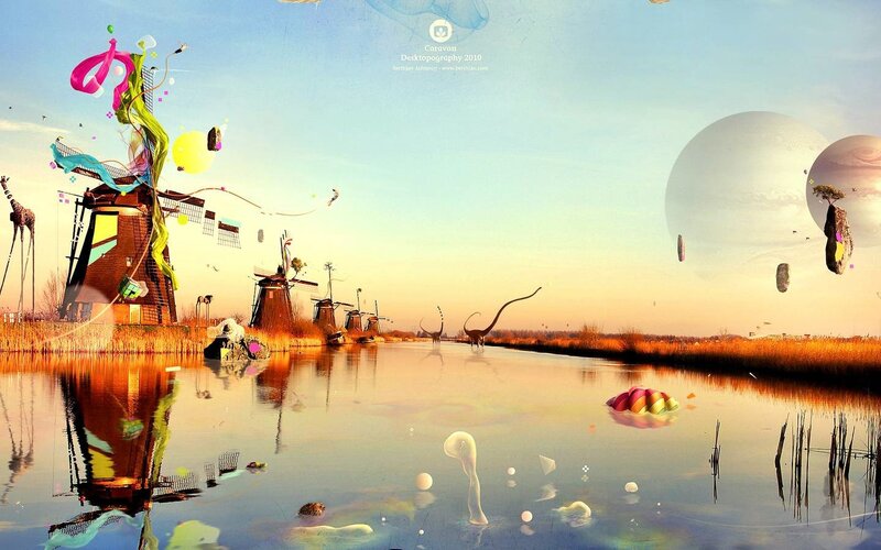 Surreal Landscape with Windmills